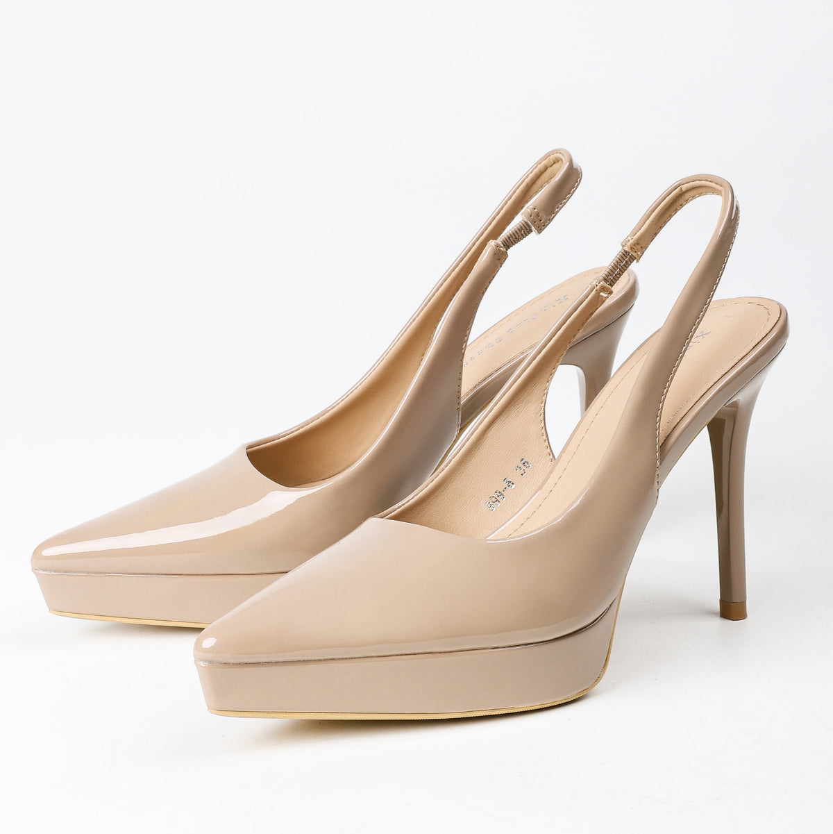 Khaki pointed-toe patent platform slingback stiletto pumps