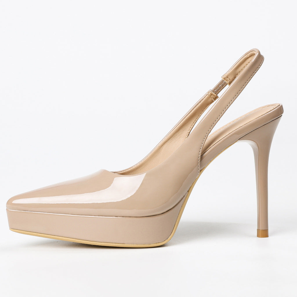 Khaki pointed-toe slingback pumps side view