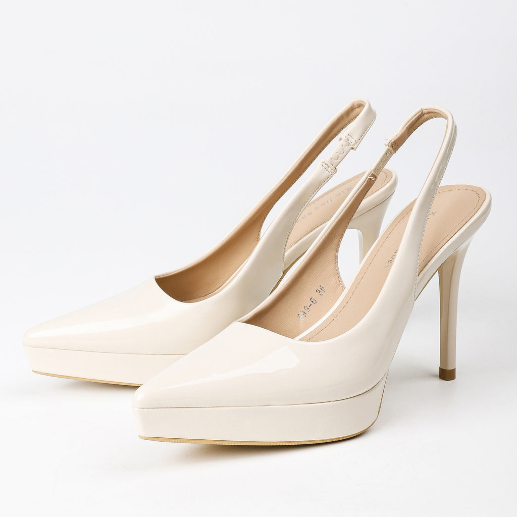 Off-white pointed-toe patent platform slingback stiletto pumps