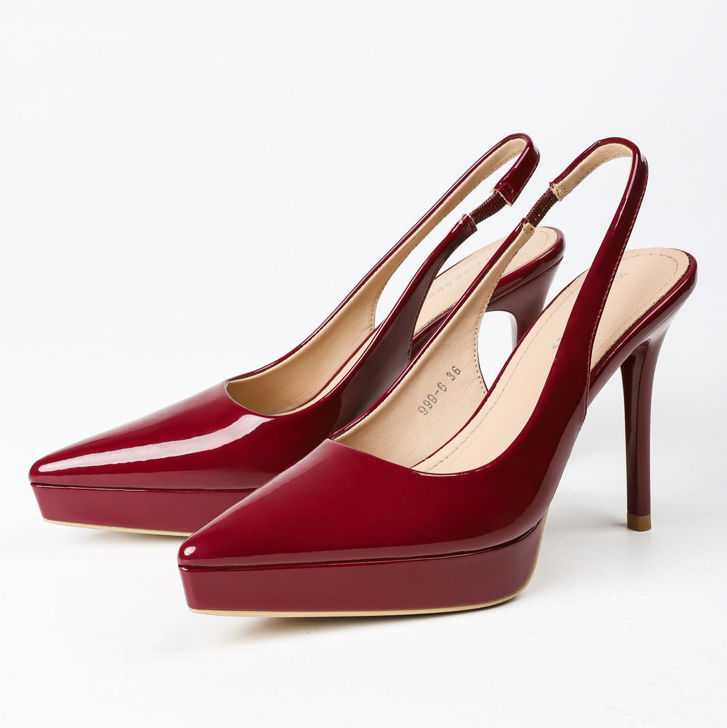 Wine Red pointed-toe patent platform slingback stiletto pumps